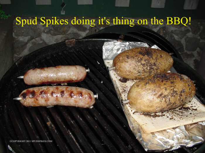 Spud Spikes in Brats and potatoes on the BBQ grill