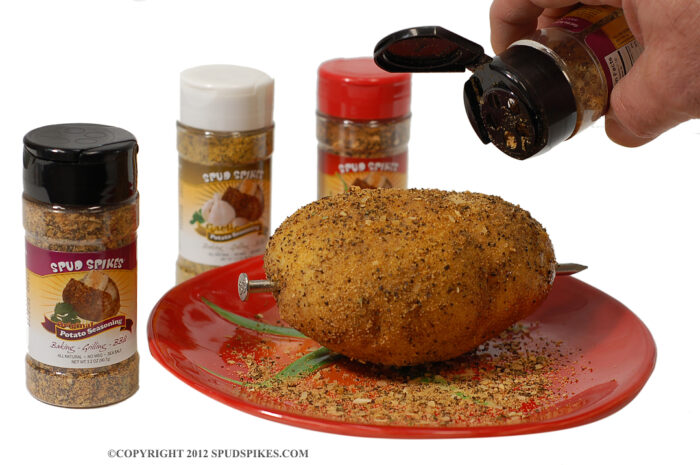 Spud Spike in potato with Spud Spikes Gourmet Potato Skin Rub and Everyday Seasoning: Original, Garlic, and Pepper blends