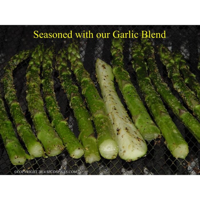 Asparagus and zucchini seasoned with Spud Spikes Gourmet Garlic Blend Potato Skin Rub and Everyday Seasoning