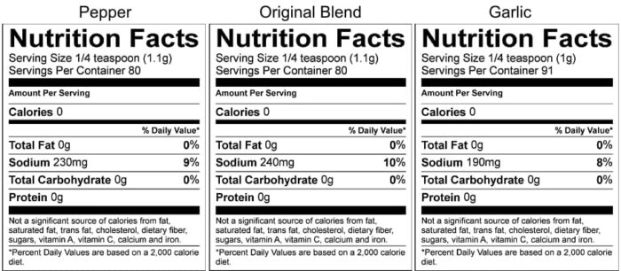Nutritional Facts - Pepper, Original Blend, and Garlic